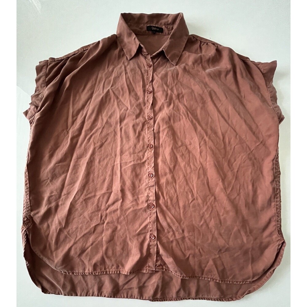 Quince Women Vintage Wash Tencel Camp Shirt Terracotta Rust Sleeved Top Sz L